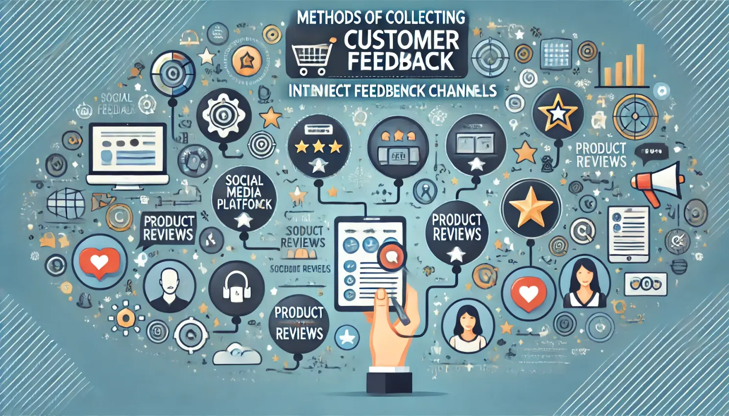 Infographic of indirect feedback channels including social media platforms, product reviews and star ratings around a phone
