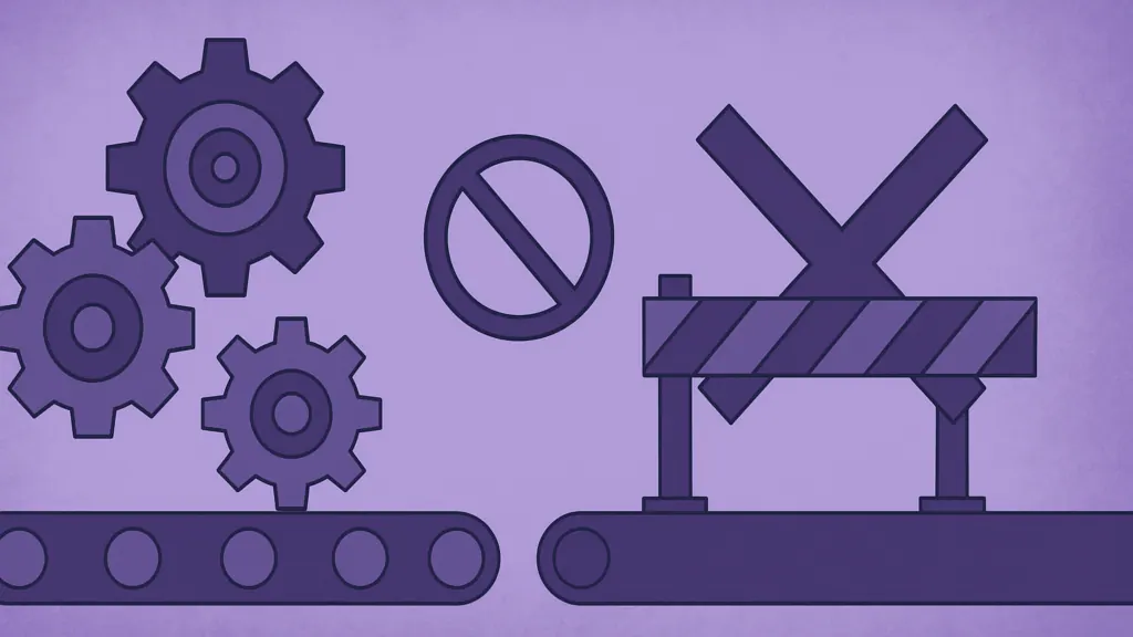 Illustration of purple gears on a conveyor belt halted by a striped road barrier and no-entry sign, governance as a bottleneck