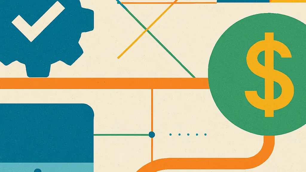 Abstract flat illustration of a checkmark gear, a monitor and a dollar-sign coin linked by orange lines, aligning IT with business value