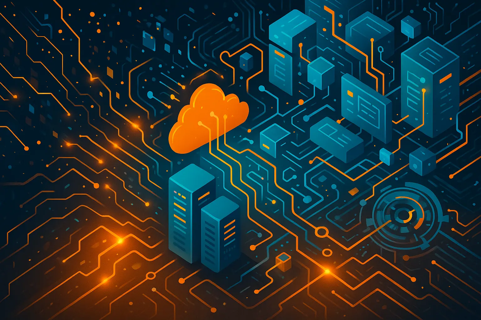 Isometric server racks and an orange cloud linked by glowing circuit lines, illustrating change flowing through complex infrastructure