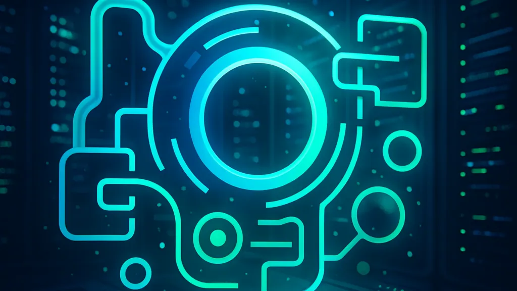 Glowing teal circular interface with circuit-line icons over blurred server racks, representing a self-service infrastructure platform
