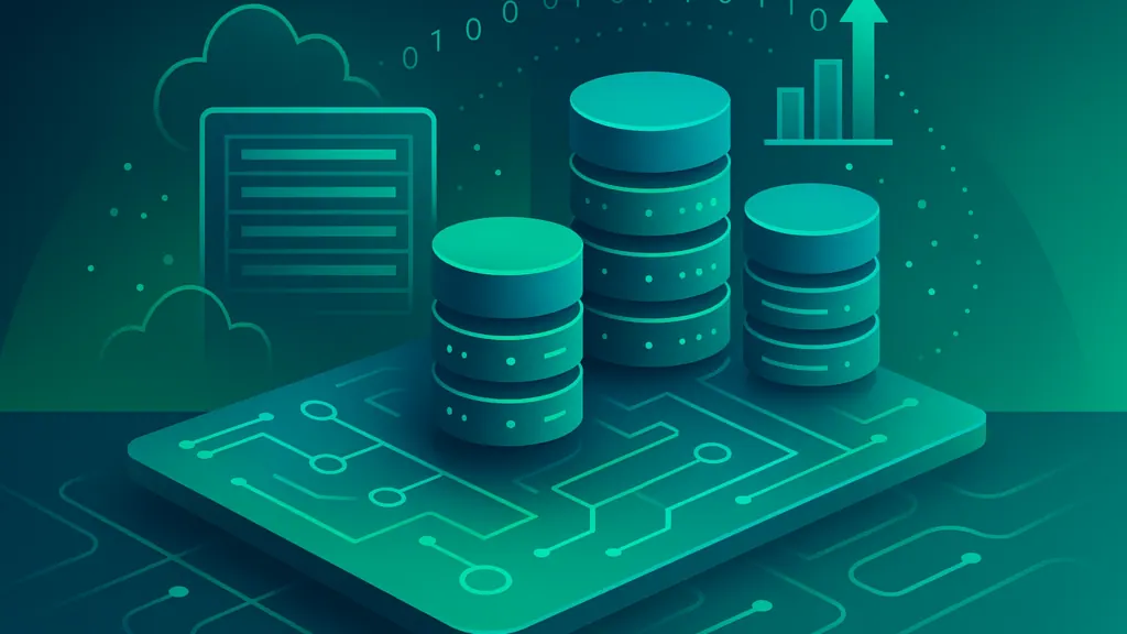Isometric stacks of teal database cylinders on a circuit board beside a rising bar chart, representing infrastructure as a product